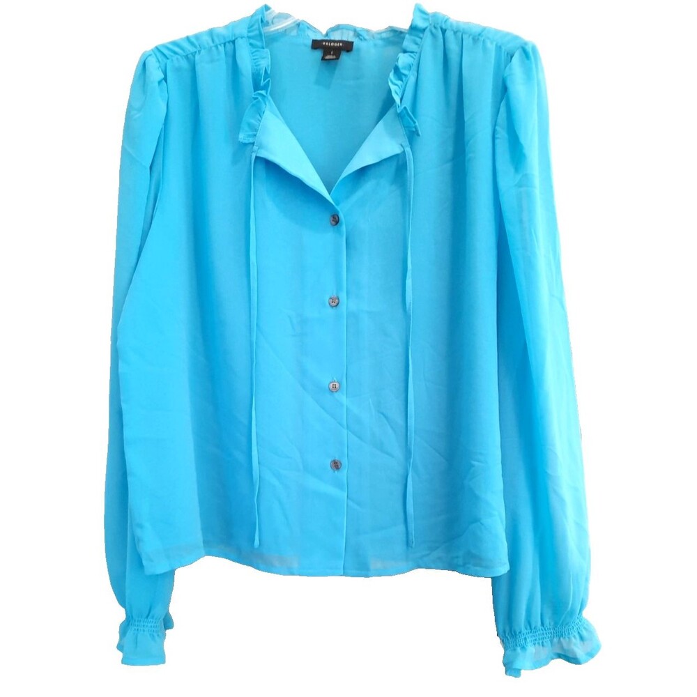 NWT Halogen Button up Blouse Turquoise Blue Tie Ruffle Accents Lined $69 Large